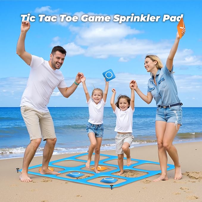 JOSEN Sprinkler for Kids, 60" x 60" Outdoor Water Play Splash Pad with Tic Tac Toe Game for Kids & Adults - Summer Backyard Fun, Giant Sprinkler Water Toy for Family Parties - Orange