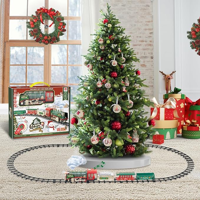 JUQU Christmas Train Set with Remote Control, Smoke, Whistle & Lights, Perfect for Around the Tree, Boys' Toy Train Set, Ages 3-8