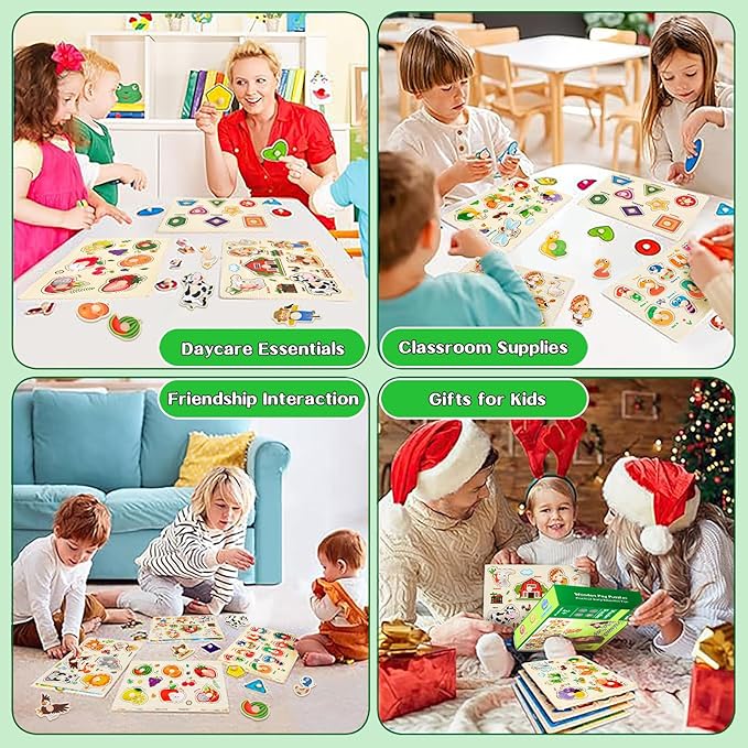 Wooden Puzzles for Toddlers, 4 Pack Montessori Toys Preschool Learning Puzzles for Baby, Farm, Shapes, Animals, Fruits Wooden Peg Puzzles for Boys and Girls (4 Pack)