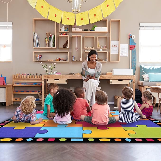 Booooom Jackson Classroom Rug 16 Seats 6'5" x 8'5" Kids Rug for Playroom Kindergarten Pre-K Preschool Homeschool Learning Library Reading Circle Time Activity Colorful Soft Non-Slip with Hard Floor