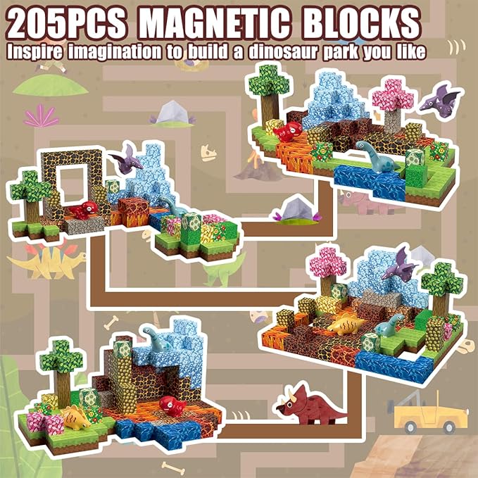 205Pcs Dinosaur Toys Magnetic Blocks Build 3D Dinosaur World Jurassic Scenes, 1" Magnetic Building Blocks Magnet Cubes Tiles for Toddler Boys Girls 3+, STEM Sensory Building Toys Games