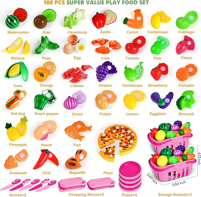 100 Pcs Play Food Set for Kids Kitchen, Pretend Food Toy for Toddlers, Play Kitchen Toys Accessories with 2 Baskets, Cutting Fake Food/Fruit/Vegetable, Christmas Birthday Gifts for Boys and Girls