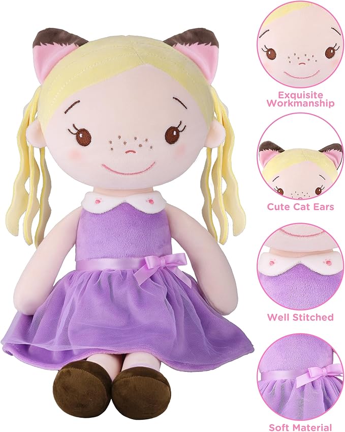 Soft Baby Doll Toys (16'') for Girls, My First Baby Rag Dolls for 1 Year Old Girl Birthday Gift Plush Doll Toys Machine Washable Baby Doll for Toddler Kids Infants - Kitten Girl