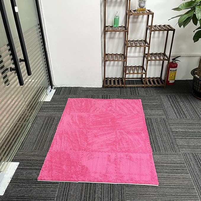 Interlocking Carpet Shaggy Soft EVA Foam Mats Fluffy Area Rugs Protective Floor Tiles Exercise Play Mat for Children Kids Room Home Parlor Bedroom (12 Pcs, Rose)