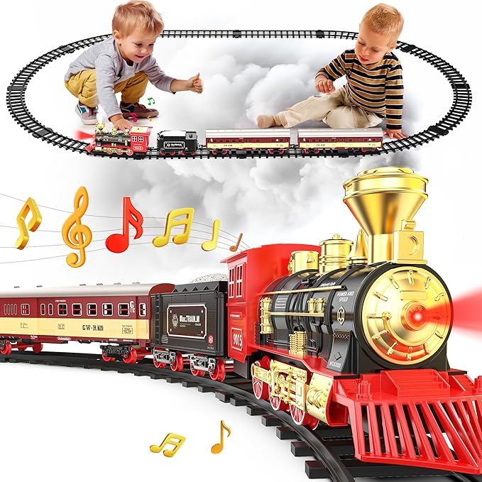 Hot Bee Christmas Train Set,Train Set for Toddlers 2-4,Christmas Train Sets for Around The Tree,Steam Locomotive with Lights,Sounds,and Spray,Easy Setup Train Toy,Perfect Train Set for Kids Ages 4-8