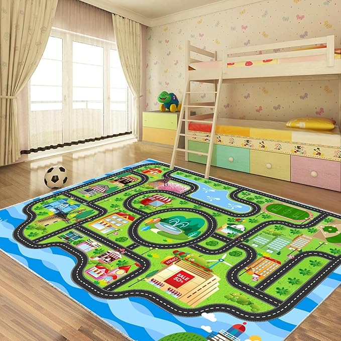 Car Rug,Kids Play Rug with Roads,Playroom Non Slip Car Track City Map for Bedroom Classroom - (78.7X59 Inches)