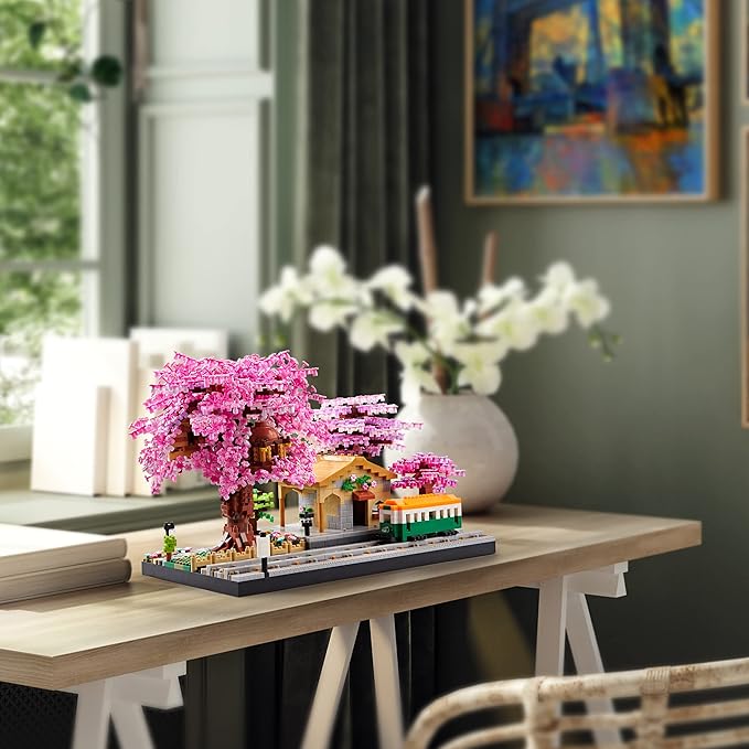 Japanese Cherry Blossom Train Station Micro Building Blocks Set - Creative Mini Bricks Model Kit for Adults and Kids (3668 PCS) with Figures