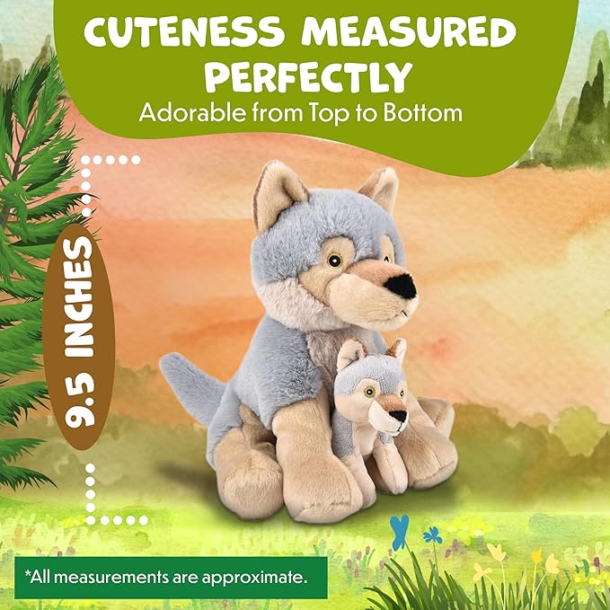 Mom and Baby Stuffed Animals for Boys & Girls, Safari Baby Shower Decorations, Nursery Decor, Zoo Animals for Toddlers, Quality Realistic Toys for Kids, Cute, Soft, Huggable, Squeezable (9.5" Wolf)