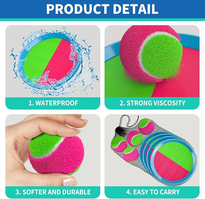 Bennol Toss and Catch Ball Game for Kids, 4 Paddles, 4 Balls & Storage Bag, Outdoor Toys for Ages 3-10, Yard Backyard Beach Games