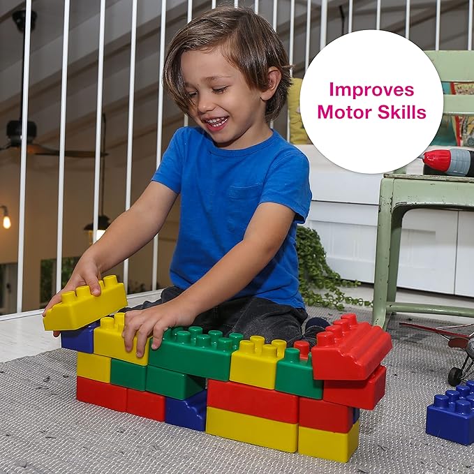 Edushape Soft Baby Blocks, 52 Pieces - Vibrant Colored Stacking Blocks for Building & Learning - Educational Play Soft Blocks for Babies, Toddlers, & Kids