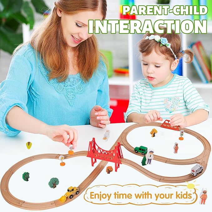 Wooden Train Set for Kids Ages 4-8, Wood Train Track with Magnetic Toy Train Accessories for Toddlers 3-5 Year Old Boy & Girl, Railway Set Road Sign Fit Major Brand Christmas Toy (40 Pieces)