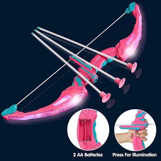JOYIN Pink Bow and Arrow Set for Girls, LED Light Up Archery Toy Set with 9 Suction Cup Arrows, Target & Arrow Case, Christmas Indoor Outdoor Activity Toy for Kids Girls Ages 3-12
