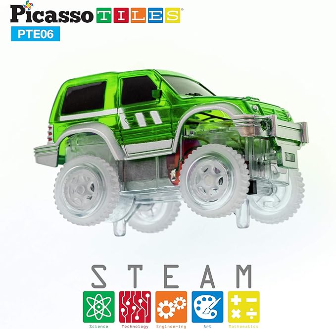 PicassoTiles 3 pcs Magnetic Toy Car Set Light Up LED Highly Detailed Compatible with Magnet Race Track STEM Truck Replacement Accessories Educational Building Kits for Toddlers Boys & Girls Ages 3+