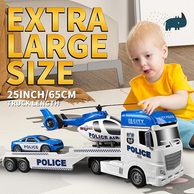 Dwi Dowellin Toddler Boy Toys for 3 4 5 6 Year Old, 25" Semi Truck Toy with Racing Car and Helicopter - Police Toys,Birthday Gifts for Kids Child 2 3 4 5 6 Years Old