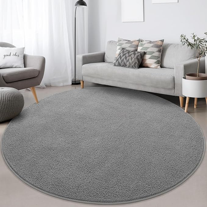 FlyDOIT Round Area Rugs for Bedroom Living Room, 4x4 Grey Super Soft Comfy Thickened Memory-Foam Indoor Circle Carpets, Modern Aesthetic Minimalist Carpet for Boys Girls Adults Nursery Home Décor