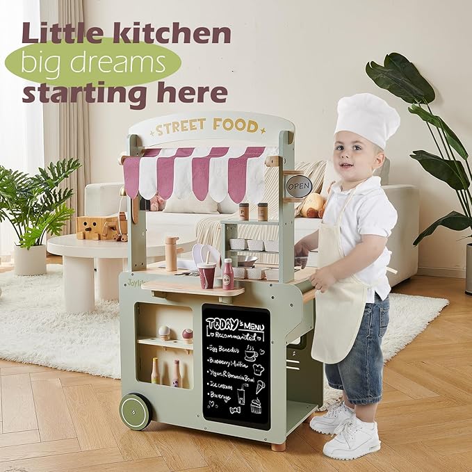 Wooden Food Cart, Kitchen Playset 50-Piece Toddler Pretend Play Grocery Store with Sink and Ice Maker, Kitchen Set for Kids Ages 3+, Gift for Boys and Girls