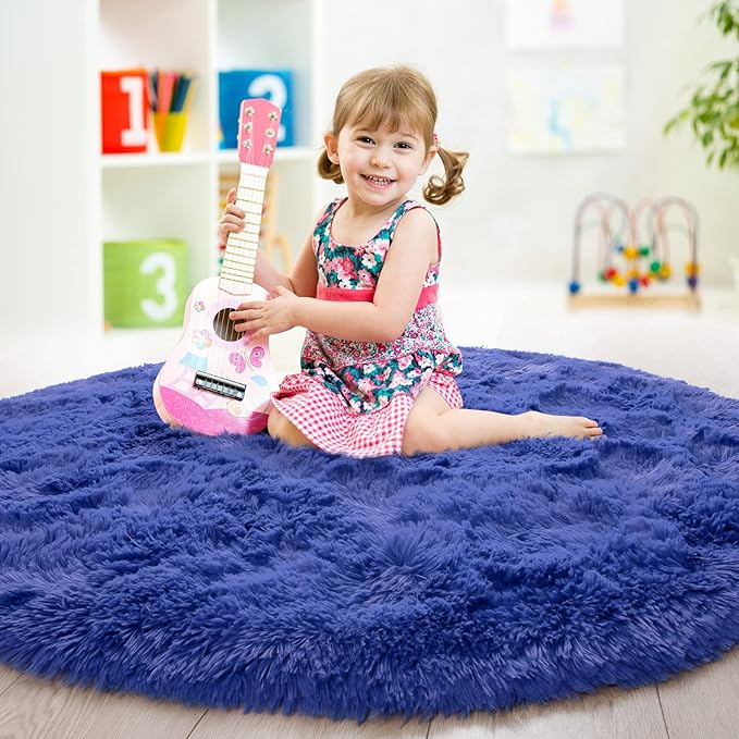 junovo Round Rug 5x5 Feet Fluffy Soft Area Rugs for Kids Girls Room Princess Castle Plush Shaggy Carpet Cute Circle Nursery Rug for Kids Girls Bedroom Baby Room Home Decor Circular Carpet, Navy Blue
