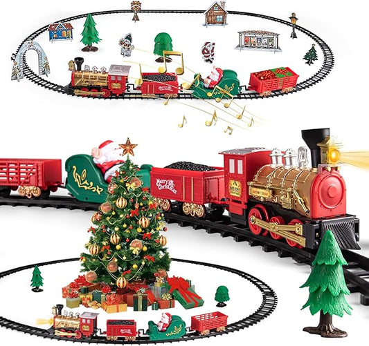 Train Toy for Toddler, Christmas Train Set Around Tree with Light & Sound for Kids, Battery Operated Electric Locomotive Engine, Cake Toppers Stocking Stuffers Gift for Toddlers Boys & Girls Ages 3-5