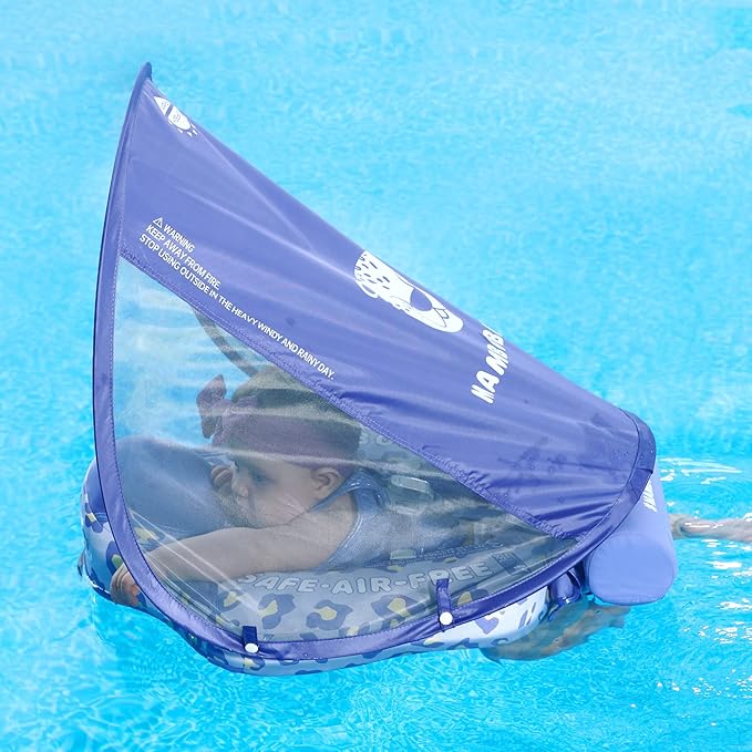 Mambobaby Float Add Tail Baby Swim Float with Canopy Solid Pool Infant Swim Trainer Swimming Training Lying Air Free Water Floats Non-Inflatable Waist Swim Ring for Toddlers (Leopard)