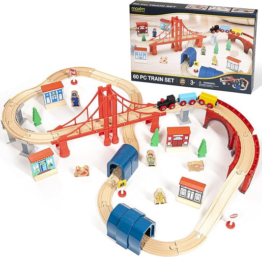 inc. Giant 60 pc Wooden Train Set - Complete Toy Railway w/Tracks, Engine, Cars, Bridges, Stations, People, Signs. Genuine Hardwood, Compatible with All Major Brand Accessories