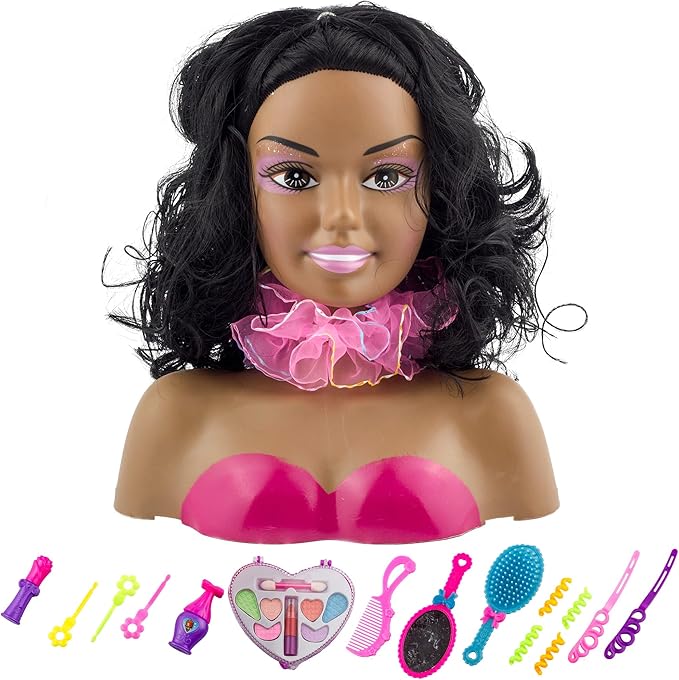 Liberty Imports African American Black Makeup and Hair Styling Doll Head Toy Playset with Real Washable Cosmetic and Fashion Dress Up Accessories for Girls Pretend Play