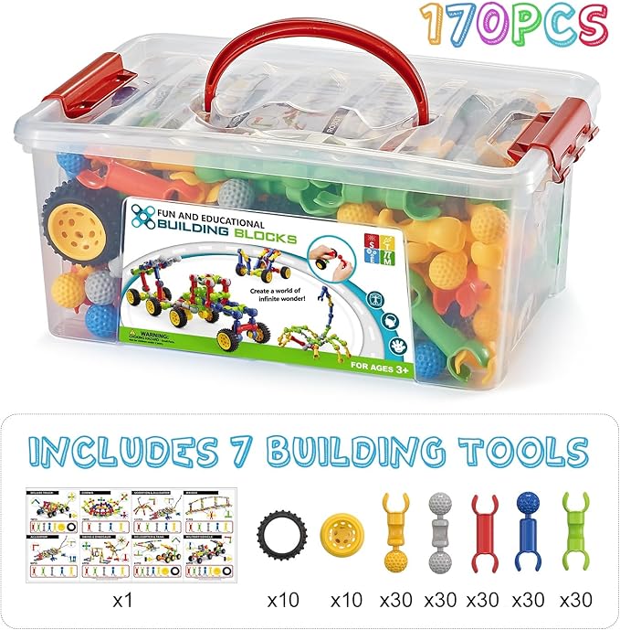 170 Pcs Building Toys for Kids Ages 4-8 with Toy Box Storage, Idea Guide, Building Blocks STEM Toys for 3 4 5 6 7 8 9 Year Old Creative Kids Activity, Christmas Birthday Gifts for Boys Girls
