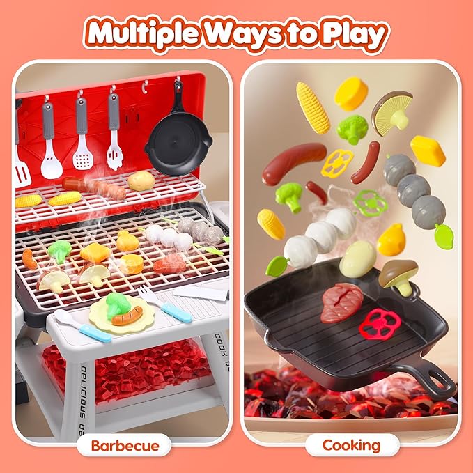 CUTE STONE Kids Grill Playset,Kitchen Playset with Realistic Smoke, Sound, Light, Kids BBQ Grill Toy Cooking Playset for Toddler,Indoor Outdoor Backyard Play Toys for Boys Girls, 23.6" H