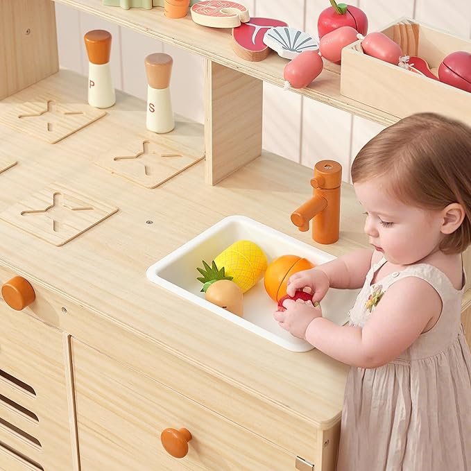 PairPear Play Kitchen Set for Kids, Wooden Toy Kitchen with Accessories & Play Food, Natural Wood Kids Kitchen for Imaginative Cooking & DIY Crafting - Ideal Gift for Toddlers Age 3+