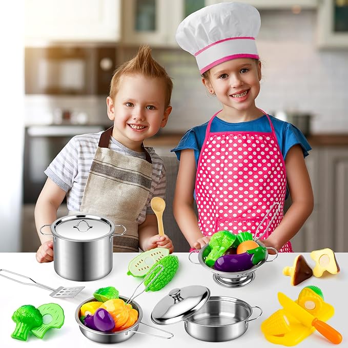 Juboury Kitchen Pretend Play Toys with Stainless Steel Cookware Pots and Pans Set, Cooking Utensils, Apron & Chef Hat, Cutting Vegetables for Kids, Girls, Boys, Toddlers