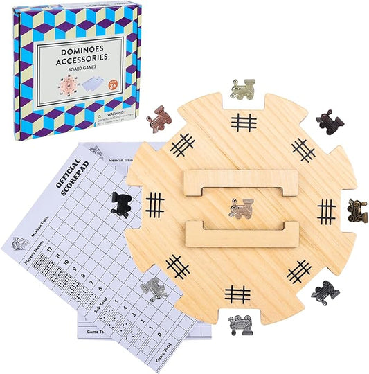 Mexican Train Dominoes Accessories - 1 Wooden Mexican Train Hub, 9 Colorful Metal Mexican Train Markers, 2 * 50-Sheet Mexican Train Score Pads for Mexican Dominoes Train Game Set