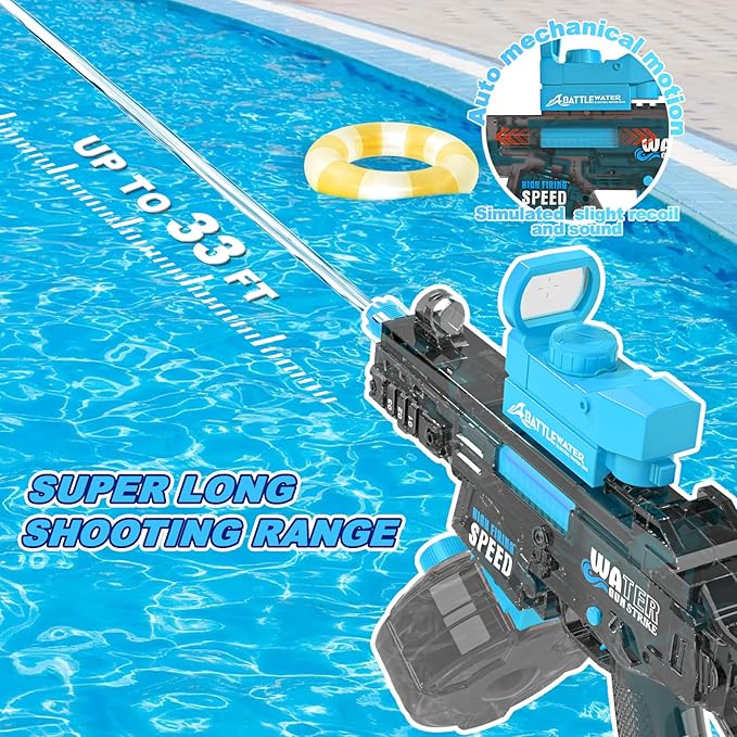 Electric Water Gun for Adults Kids High-Powered Automatic Squirt Water Gun with Large Capacity Strongest Water Blaster Up To 33 FT Long Range Summer Outdoor Beach Swimming Pool Water Fighting Toy Blue