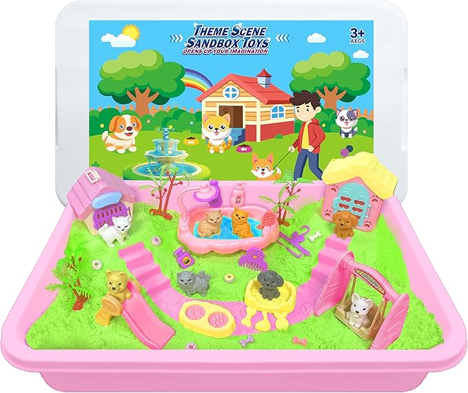 Pet Sensory Bin, Cat and Dog Sensory Bin for Toddlers Kids, Sensory Play Sand Art Kit Set with Sandbox & Tools & Pet Care Set, Indoor Outdoor Pretend Play Beach Toy Gift for Girls Boys 3 4 5 6 7 8
