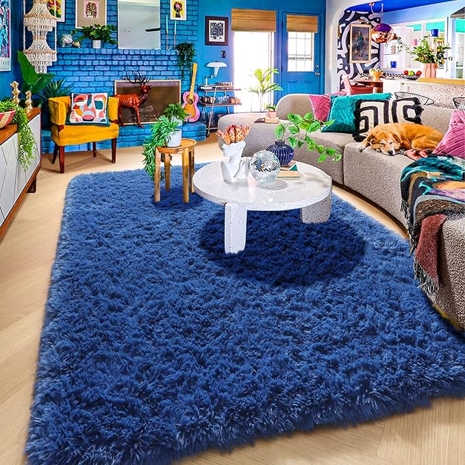 Amdrebio Navy Blue Area Rugs 8x10 for Living Room Boys Bedroom, Large Shag Fluffy Furry Plush Rug for Baby Kids Room Decor Aesthetic, Cool Royal Dark Blue Carpet for Nursery Classroom Dorm Playroom