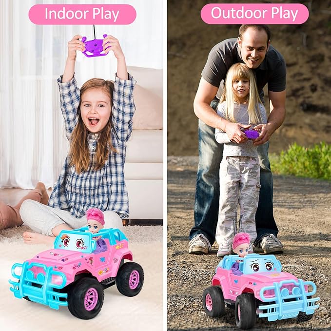 Remote Control Car- RC Truck with DIY Stickers and Doll for Kids Girls Birthday, 1:20 Scale RC Truck Full Functions Creative Racing Car for Toddlers Kids Indoor Outdoor Games, Pink