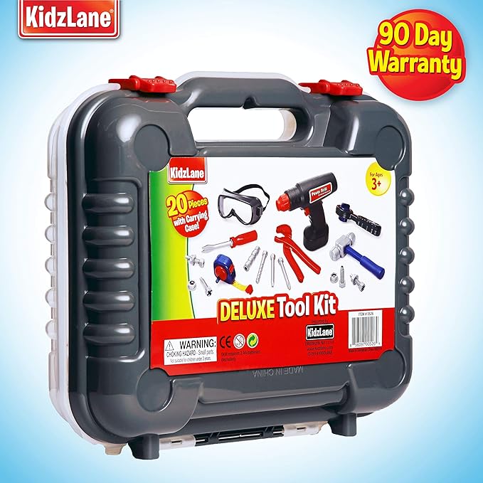 Kidzlane Tool Set for Toddlers and Kids - 20pcs Toy Tools with Electronic Cordless Drill and Tool Box - Tool Box for Kids, Toddler Boys and Girls - Kidzlane Tool Set 19 Pieces - Play Tool Kit