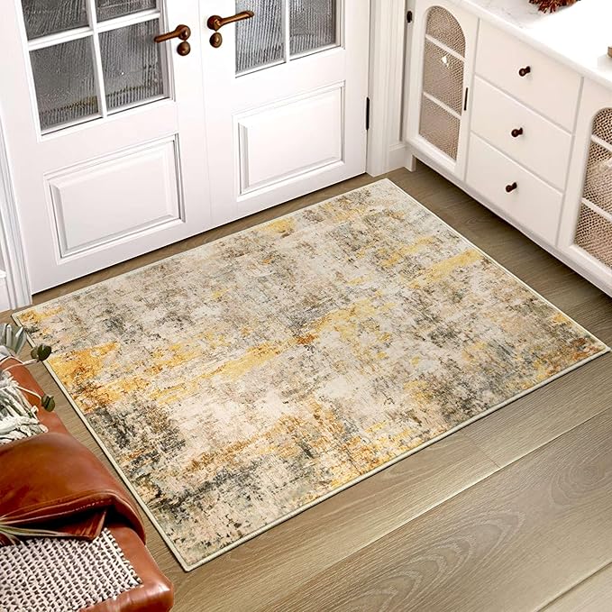 Entrance Rugs Indoor 2x3 Beige Entry Rug Washable Abstract Small Area Rug Non-Slip Low Pile Light Tan Throw Rugs for Entryway, Kitchen Floor, Front Door Indoor Door Mat, Bedroom Bedside
