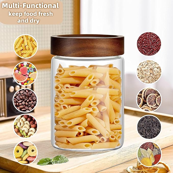 28 Fl oz/850 ml Glass Food Storage Jar, Premium Clear Glass Container Jar with Airtight Wooden Screw Lid, Kitchen Canisters for Coffee,Tea,Pasta,Cookies, Nuts,Spice,Candy,Overnight Oatmeal(Medium)