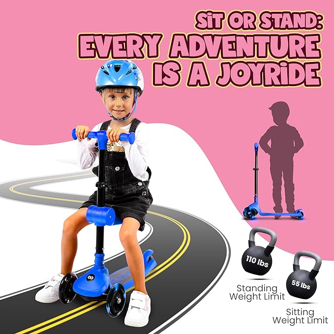 SereneLife 3 Wheel Foldable Kids Scooter - Foldable Seat, LED Wheel Lights, Adjustable Handlebar, Rear Foot Brake, Lean-to-Steer, Anti-Slip Deck, Ideal for Toddlers Kids 3+, up to 110Lbs