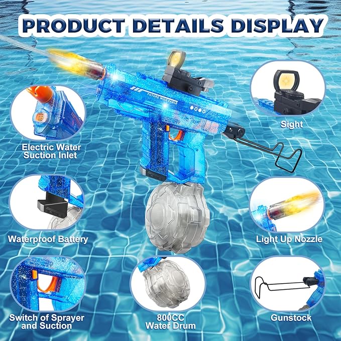 Upgraded Electric Water Gun for Adults Kids 26-32FT Long Range Squirt Gun Auto-Refill 800ml High Capacity Water Guns Toys with LED Light, Pool Beach Outdoor Summer Gift Toys for Kids Ages 6-12 (Blue)