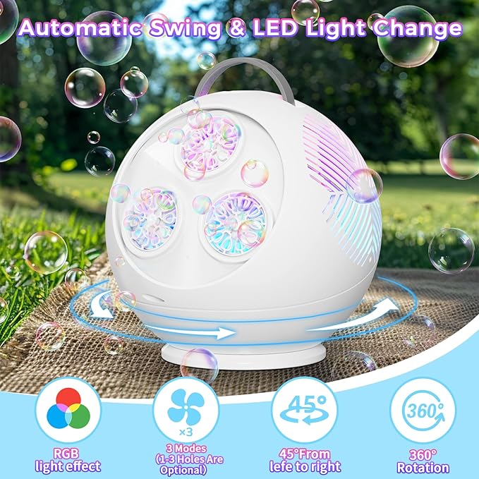 Bubble Machine Automatic Spherical Bubble Blower for Kids Rechargeable Portable LED RGB Lights Bubble Maker Auto Rotating 45°/360° Outdoor for Birthday Party Wedding Crackle White (White)