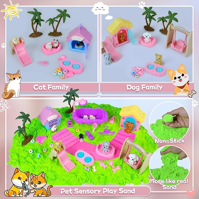 Pet Sensory Bin, Cat and Dog Sensory Bin for Toddlers Kids, Sensory Play Sand Art Kit Set with Sandbox & Tools & Pet Care Set, Indoor Outdoor Pretend Play Beach Toy Gift for Girls Boys 3 4 5 6 7 8