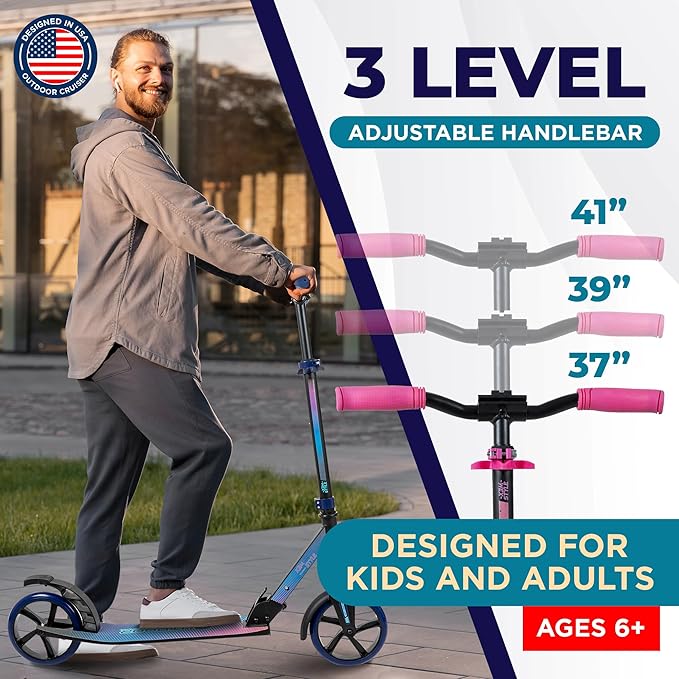 Outdoor Cruiser Kick Scooter for Ages 6+, for Kids, Teens, and Adults, Max Load 250 LBS, Foldable, 8-inch Big Wheels, Dual Suspension, 3 Adjustable Levels, Child Safety Approved, Yellow and Pink