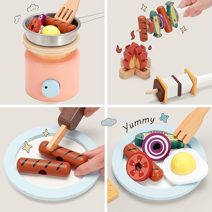Wooden Camping Toys, Pretend Play Toys Campfire with Kids Grill Playset, 25pcs Kids Play Food Toy Set, Outdoor Play Toys for Toddler Boys and Girls Ages 3+