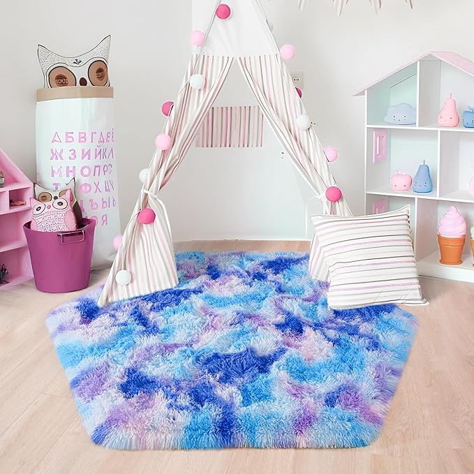 junovo Ultra Soft Hexagon Rug Fluffy Rainbow Nursery Rug for Princess Tent Kids Play Castle, Furry Hexagonal Carpet for Kids Girls Room Playhouse Classroom Dorm Home Decor, 4.6ft Tie-Dye Blue-Purple