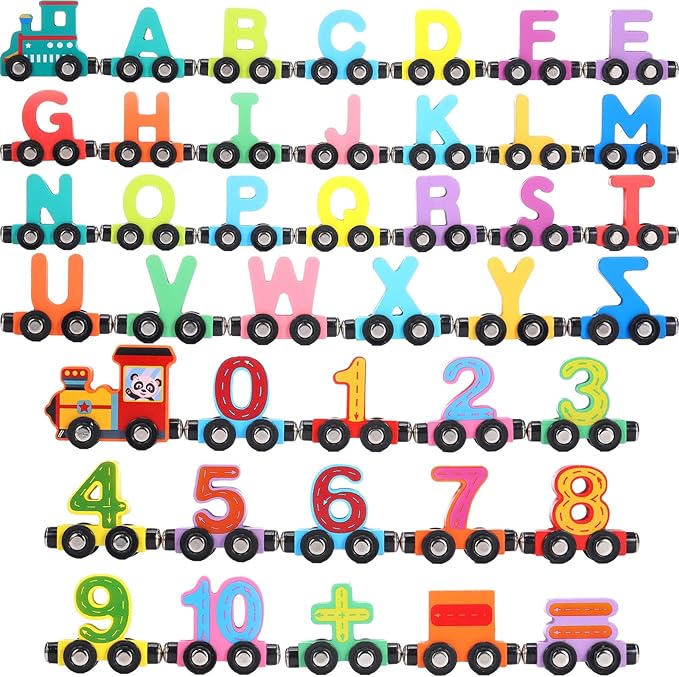 43 Pieces Magnetic Wooden Alphabet Number Toy Trains Set for Kids Toddlers, Including 26 Alphabet and 14 Number Trains with 3 Locomotives, Learning Toys for Kids Toddlers Preschool Learning Gift