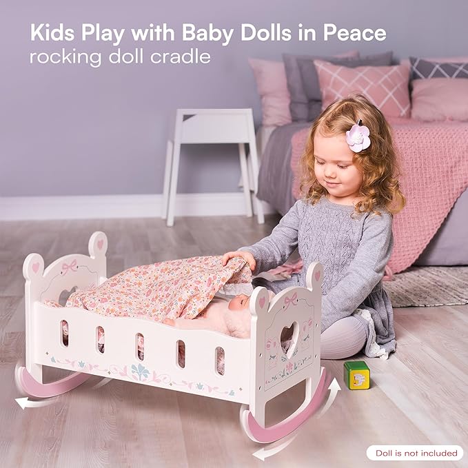 ROBOTIME Wooden Baby Doll Crib, Doll Cradle Bed for 18-24 Inch Dolls, Baby Doll Crib Set with Blanket and Pillow, Toy Doll Bed for Girls Ages 3+