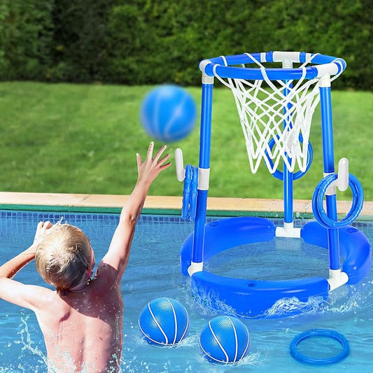 GMAOPHY Pool Basketball Hoop, 2-in-1 Poolside Floating Pool Basketball Game, Swimming Pool Games for Kids Adults Indoor Outdoor Play, Water Play Toy Family Party, Includes Hoop, Balls, Pump, Blue
