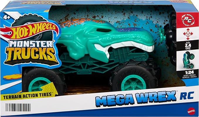 Hot Wheels Monster Trucks Toy RC, Remote-Control Mega-Wrex in 1:24 Scale with All-Terrain Tires, Performs Wheelies