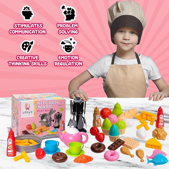 uToyz Kitchenware Playset – 83pcs Toddler Play Food Sets for Kids Kitchen Playset, Mini Toddler Cooking Set with Play Kitchen Accessories & Toy Food, Cooking Toys with Toy Pots & Pans for Kids Ages 3+