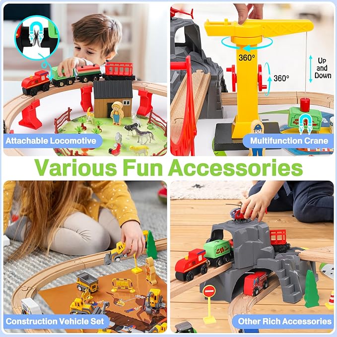 118Pcs Wooden Train Set for Kids, Wood Train Track Set Train Railway Accessories Toy Train Sets for Boys and Girls Gifts Ages 4 5 6 7 8 - Compatible with All Major Brands